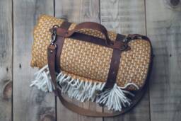 Mustard Yellow Wool Throw Blanket With Leather Handle Strap