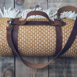 Mustard Yellow Wool Throw Blanket With Leather Handle Strap - thumbnail 3