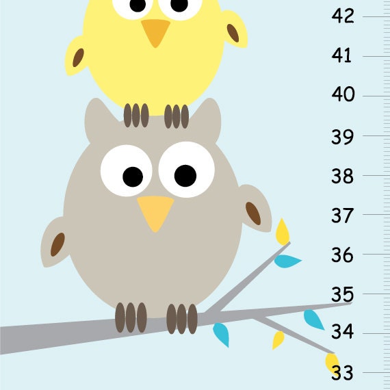 stacked Owls Canvas Growth Chart in Yellow Gray & Blue/Teal - Kids Bedroom Baby Nursery Wall Art - image 1