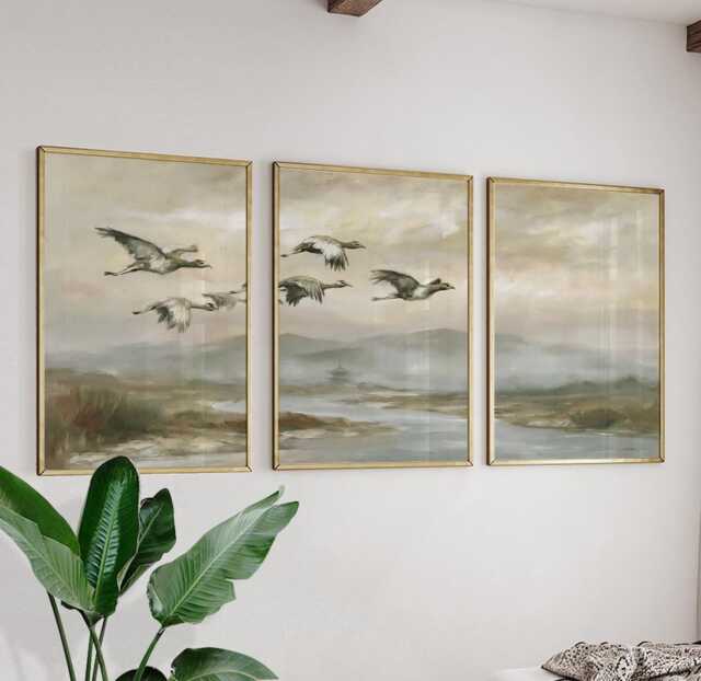 Crane Mountain Trio, Misty Landscape Wall Art Set - image 1