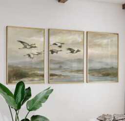 Crane Mountain Trio, Misty Landscape Wall Art Set - thumbnail 1