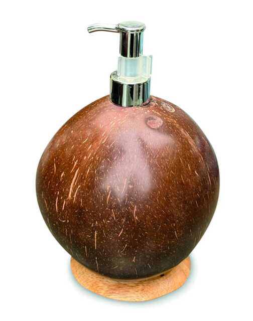 Round Coconut Shell Soap & Lotion Dispenser On Carved Base - image 1