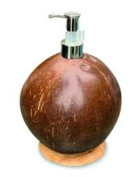 Round Coconut Shell Soap & Lotion Dispenser On Carved Base