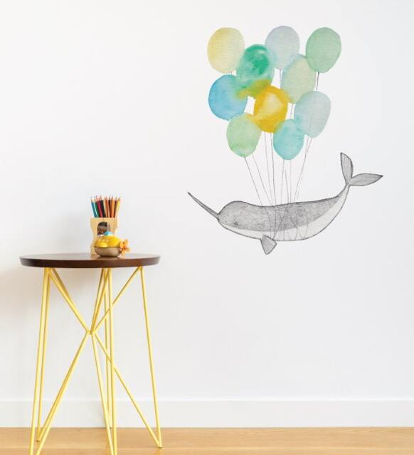 Narwhal On Balloons Wall Sticker Decal - Nursery Stickers, Animal Decals, Home Decor, Baby Room, Art, Girl, Boy
