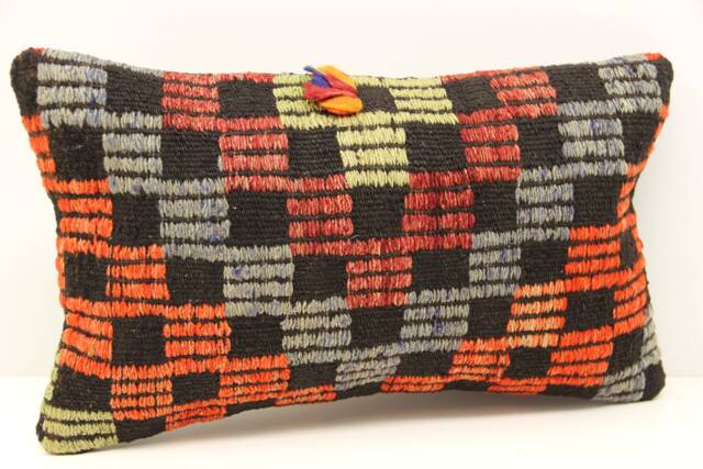 Turkish Kilim Lumbar Pillow Cover, 12x20 Wool Cotton Armchair Cushion - image 1
