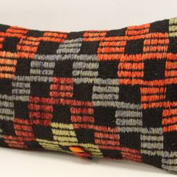 Turkish Kilim Lumbar Pillow Cover, 12x20 Wool Cotton Armchair Cushion - thumbnail 3