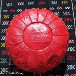 Handmade Red Leather Moroccan Pouf Ottoman Unstuffed Floor Pouffe - thumbnail 3