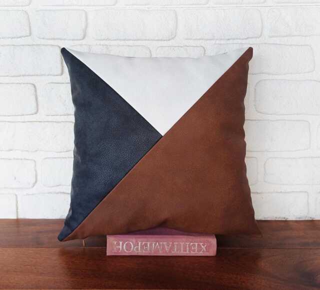 Triangle Color Block Faux Leather Pillow Cover Brown, Black & White - image 1