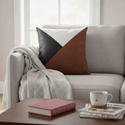Cognac Brown Black White Color Block Pillow Cover, Geometric Faux Leather Cushion, Modern Rustic Throw - thumbnail 2