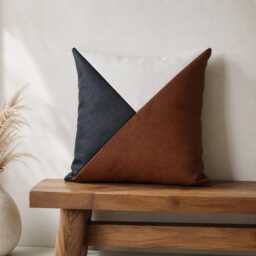 Cognac Brown Black White Color Block Pillow Cover, Geometric Faux Leather Cushion, Modern Rustic Throw - thumbnail 1
