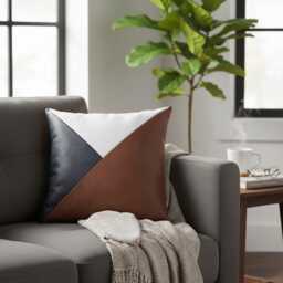 Cognac Brown Black White Color Block Pillow Cover, Geometric Faux Leather Cushion, Modern Rustic Throw - thumbnail 3