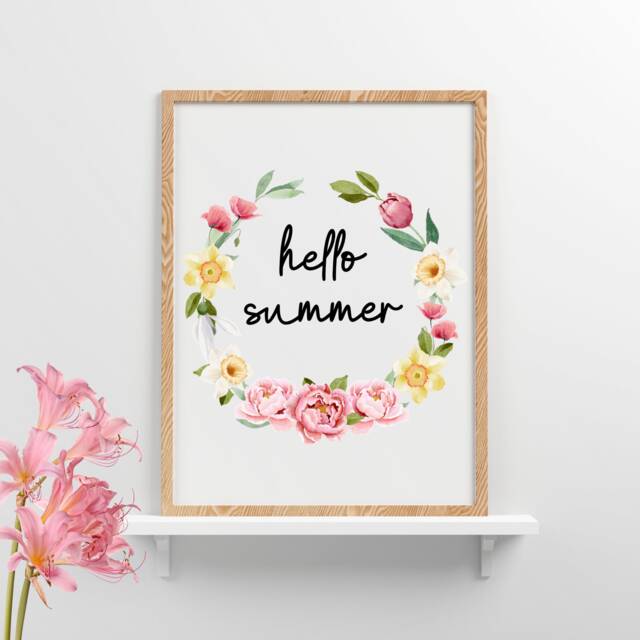 Hello Summer Wreath Print, Wall Decor, Art, Vibes Prints, Flowers Print Posters - image 1