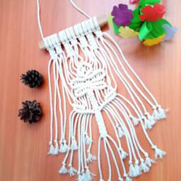 Boho Macrame Wall Hanging Small Woven Natural White Cotton Pastel Tribal Decor Wall Cord Gift Idea Modern Tapestry Home - thumbnail 3