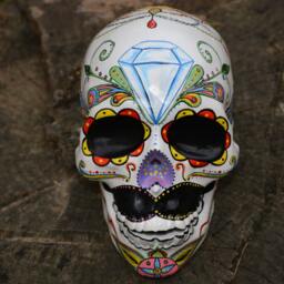 One Of A Kind Hand Painted Custom Dia De Los Muertos Day The Dead Diamond Moustache Mexican Folk Art Sugar Skull Sculpture Made To Order - thumbnail 3