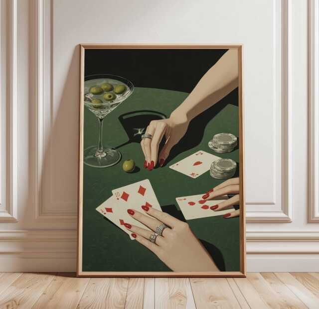 Poker Night Glamour Poster - Elegant Hands, Martini & Playing Cards Illustration Wall Art - image 1