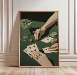 Poker Night Glamour Poster - Elegant Hands, Martini & Playing Cards Illustration Wall Art - thumbnail 1