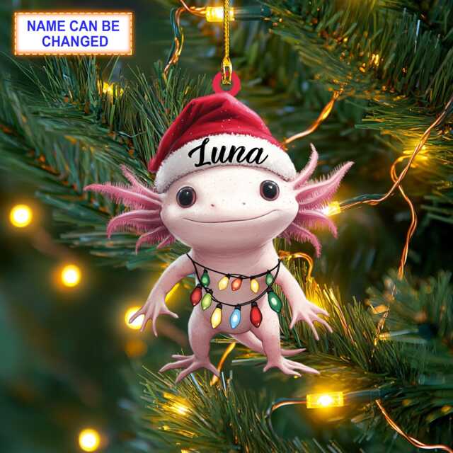 Custom Name Axolotl Salamander With Santa Hat Christmas Lights Ornament, Tree Hanging Decor, Flat 2D Ornament - image 1