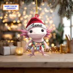 Custom Name Axolotl Salamander With Santa Hat Christmas Lights Ornament, Tree Hanging Decor, Flat 2D Ornament - thumbnail 2