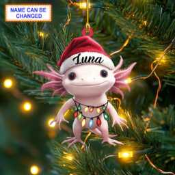 Custom Name Axolotl Salamander With Santa Hat Christmas Lights Ornament, Tree Hanging Decor, Flat 2D Ornament