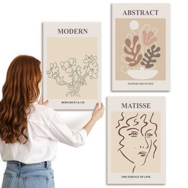Canvas Set Of 3 - Plant Motifs & Lines in A Modern Style, Beige Large Wall Art, Artwork Decor - image 1