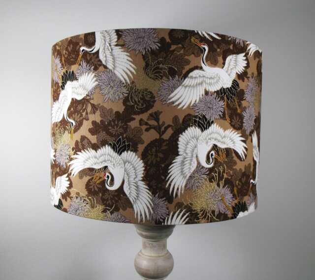 Handmade Japanese Oriental Birds Cranes Brown Beige Gold Fabric Lampshade - image 1
