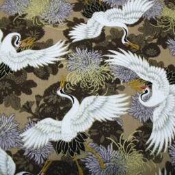 Handmade Japanese Oriental Birds Cranes Brown Beige Gold Fabric Lampshade - thumbnail 2