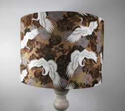 Handmade Japanese Oriental Birds Cranes Brown Beige Gold Fabric Lampshade - thumbnail 1
