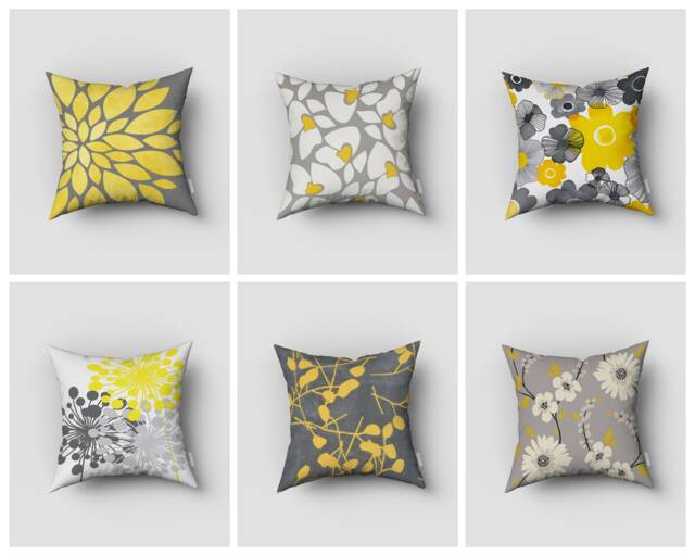 Mustard Grey Cushion Cover-Decorative Flower Pillow Case-Modern Case-Throw Cover-Gift For Her Cushion-Handmade Material - image 1