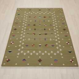 Handwoven Swedish Kilim Rug Pure Wool Scandinavian Geometric Decor, Green Rug With Colourful Stars - thumbnail 1