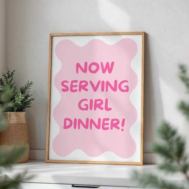 Girl Dinner Print Funny Coquette Kitchen Poster, Pink Wall Art
