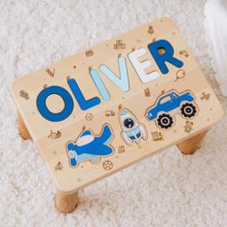Personalized Wooden Puzzle Step Stool Name First Birthday Christmas Gift Educational Baptism Boy Nursery Decor