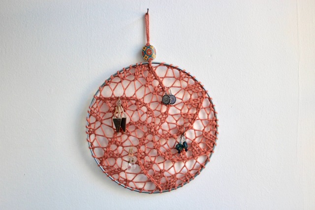 Earring Holder in Pumpkin, Jewelry Display Organizer - Fiber Art Wall Hanging - image 1