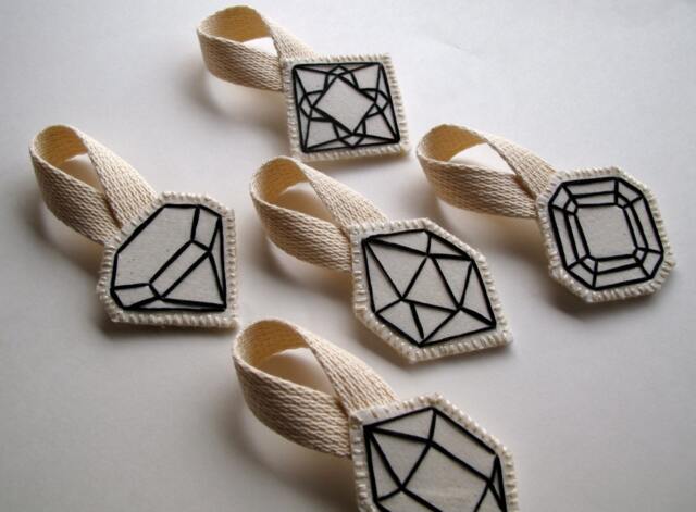 Geometric Ornament Hand Embroidered Faux Gem Outlined in Black, Green Or Red Complete Set Christmas Ornament, Wedding Favors, Home Decor - image 1