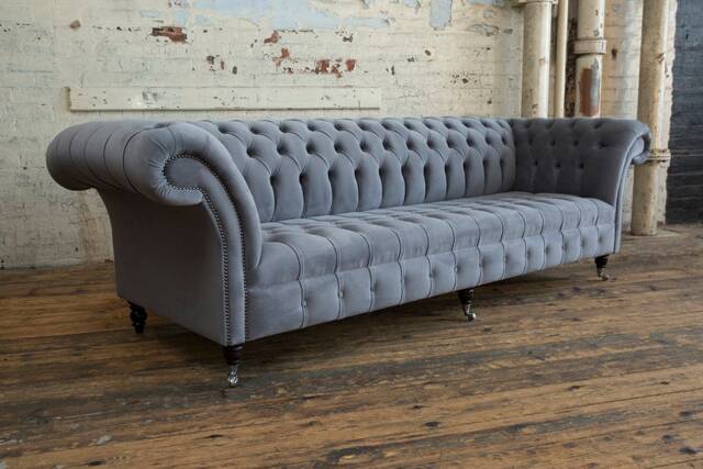 4 Seater Grey Velvet Chesterfield Sofa, British Handmade Large Couch, Settee - image 1