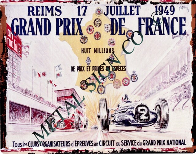 1949 Grand Prix De France Metal Sign Retro Car Racing Wall Art