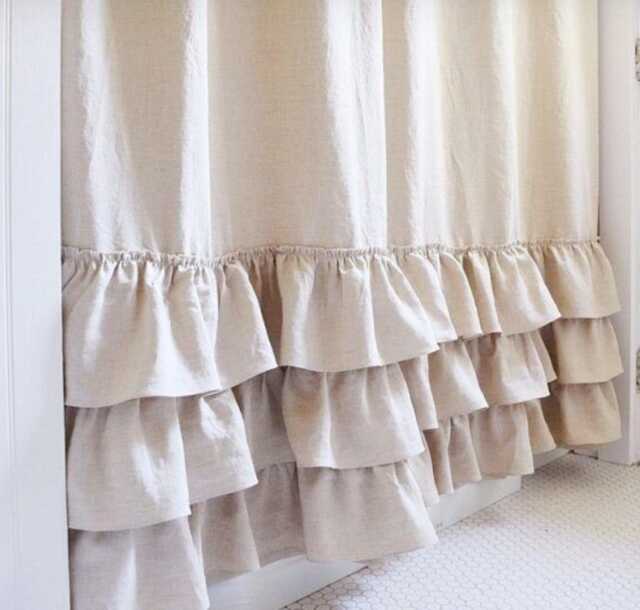 Linen Ruffle Curtain 1 Panel, Washed Soft Flax Drapes With Ruffles, Stonewashed Shower Curtains - image 1