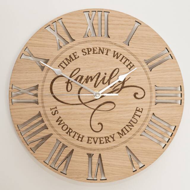 Handmade Wooden Silent Time Spent With Family Wall Clock Engraved Up To 90cm in Oak, Cherry Or Walnut - Silver Gold Hands - image 1