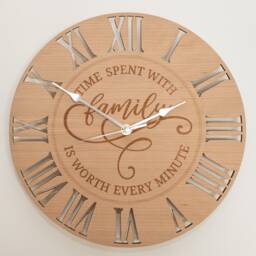 Handmade Wooden Silent Time Spent With Family Wall Clock Engraved Up To 90cm in Oak, Cherry Or Walnut - Silver Gold Hands - thumbnail 2