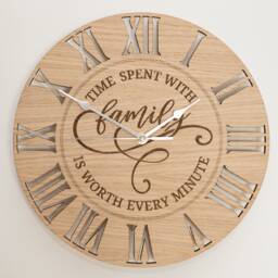 Handmade Wooden Silent Time Spent With Family Wall Clock Engraved Up To 90cm in Oak, Cherry Or Walnut - Silver Gold Hands