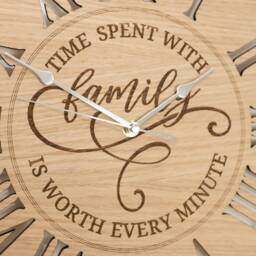 Handmade Wooden Silent Time Spent With Family Wall Clock Engraved Up To 90cm in Oak, Cherry Or Walnut - Silver Gold Hands - thumbnail 3
