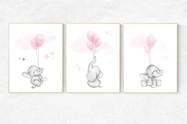 Elephant Balloon Nursery Print Baby Girl Wall Art - image 1