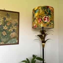 Fruit Garden Velvet in Mustard, Drum Lampshade /Ceiling Shade With A White Lining - thumbnail 2