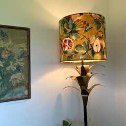 Fruit Garden Velvet in Mustard, Drum Lampshade /Ceiling Shade With A White Lining - thumbnail 3