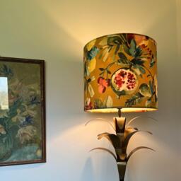 Fruit Garden Velvet in Mustard, Drum Lampshade /Ceiling Shade With A White Lining