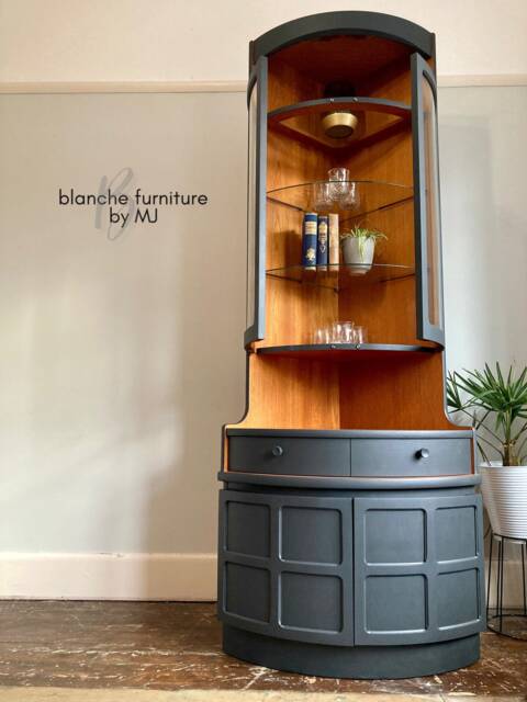 Tall Nathan Mid Century Modern Corner Drinks Cabinet - Refinished Ash Grey Display Unit - image 1