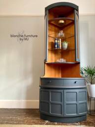 Tall Nathan Mid Century Modern Corner Drinks Cabinet - Refinished Ash Grey Display Unit