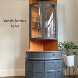 Tall Nathan Mid Century Modern Corner Drinks Cabinet - Refinished Ash Grey Display Unit - thumbnail 2