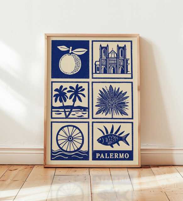 Palermo Linocut Art Print, Modern Italian Poster, Minimalist Sicily Wall Art, Blue & Beige Travel Mediterranean Home Decor - image 1