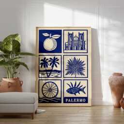 Palermo Linocut Art Print, Modern Italian Poster, Minimalist Sicily Wall Art, Blue & Beige Travel Mediterranean Home Decor - thumbnail 3
