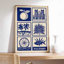 Palermo Linocut Art Print, Modern Italian Poster, Minimalist Sicily Wall Art, Blue & Beige Travel Mediterranean Home Decor - thumbnail 2